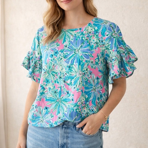 Lilly Pulitzer Darlah Lileeze Soleil Pink Good Hare Day Floral Blouse - Picture 8 of 8